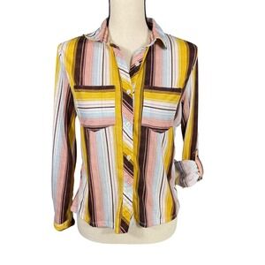 Passport Women's S Striped Button Down Shirt Roll Tab Long Sleeve High Low Hem